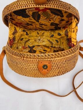 Woven Rattan Crossbody Bag with Yellow Batik Lining